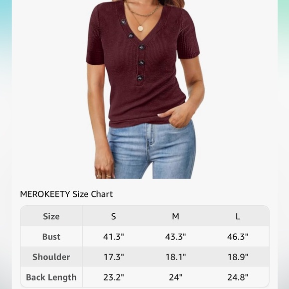NWT MEROKEETY Women's Short Sleeve V Neck Ribbed Button Wine - Picture 6 of 6